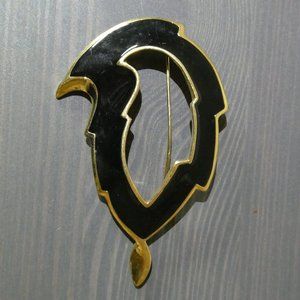 Vintage Trifari Black Enamel & Gold Tone Brooch Scarf Pin Abstract Bird/Leaf